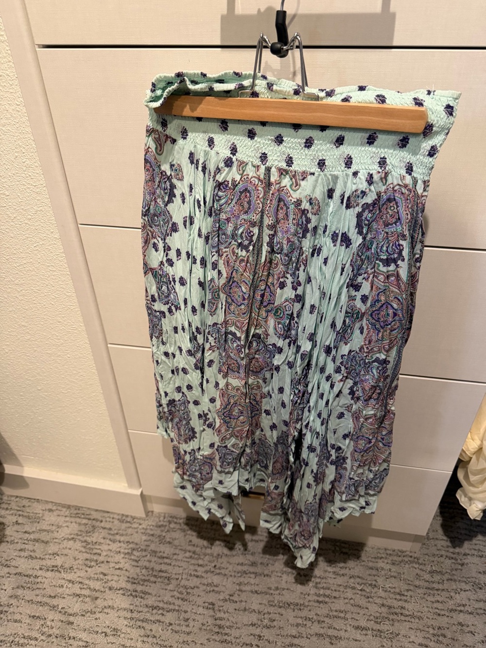 Free People Fly Away Trapeze Handkerchief Skirt in turquoise and pink.